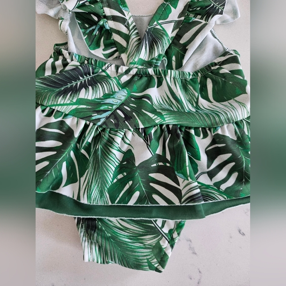 Tropical Print Montesera Print Ruffle Baby One Piece Swim Suit - Picture 8 of 11